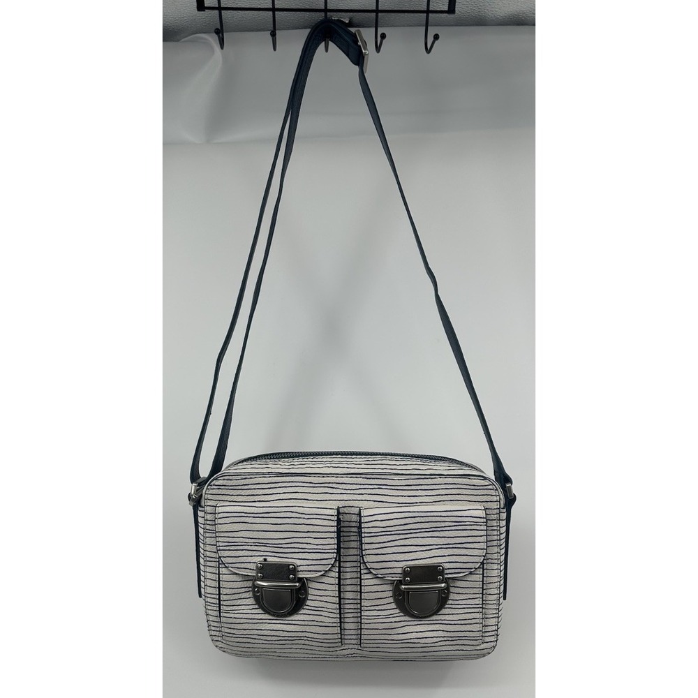 Fossil Riley White Striped Blue‎ Leather Crossbody/Shoulder Bag Classic Casual